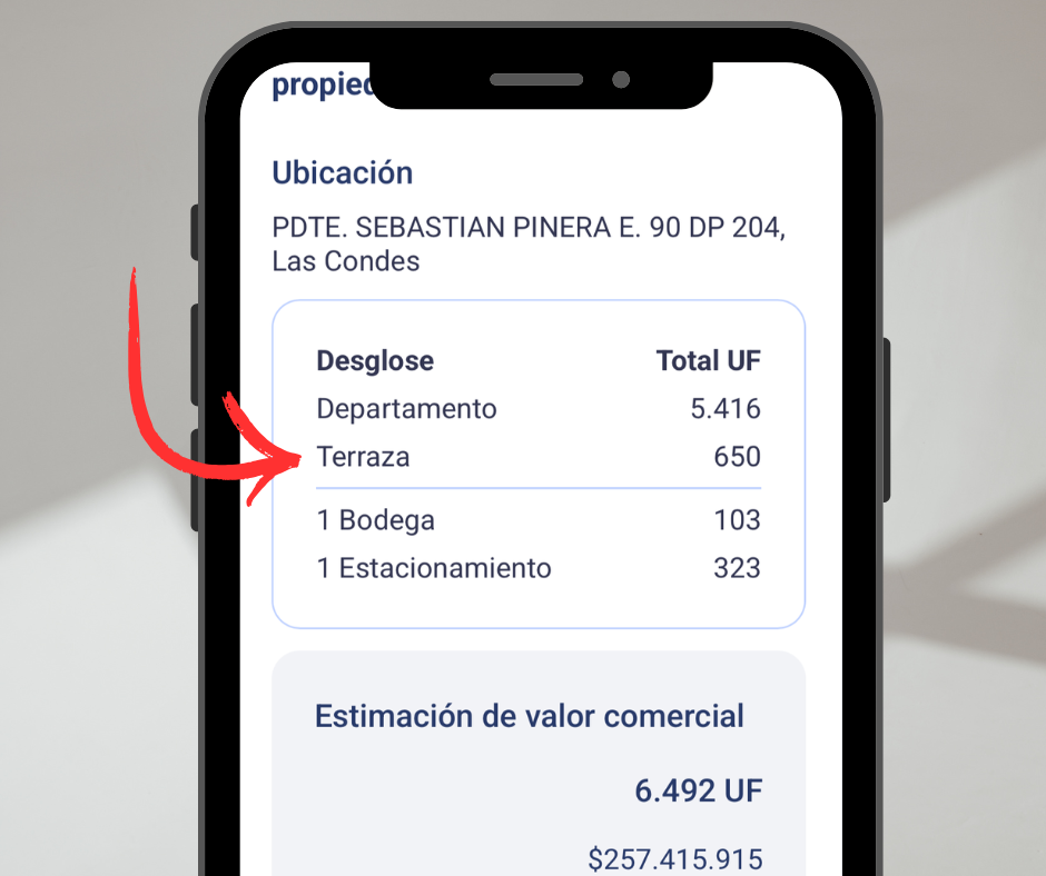 Vista en un celular del desglose de valorización de una Tasación en Propiteq, mostrando el valor por superficie útil, terraza, bodega y estacionamientos