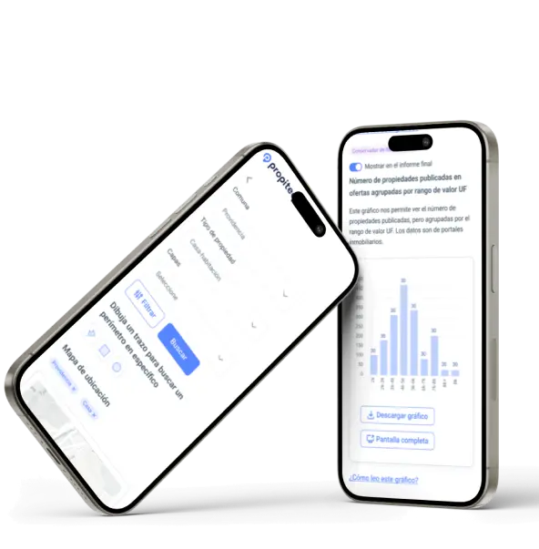 2 smarphones con distintas secciones de analisis de mercado inmobiliario
